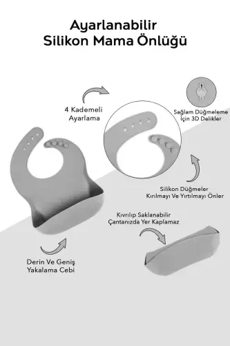 Набор для кормления из 3 предметов силикона - силиконовый слюнявчик, тарелка на присоске, ложка с прорезывателем, серый - 3