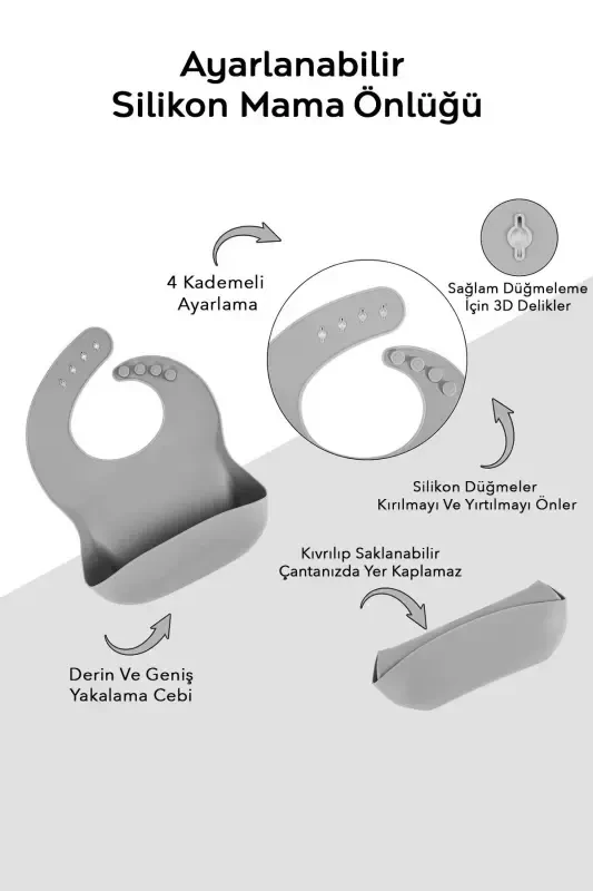 Набор для кормления из 3 предметов силикона - силиконовый слюнявчик, тарелка на присоске, ложка с прорезывателем, серый - 3
