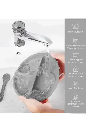 Набор для кормления из 3 предметов силикона - силиконовый слюнявчик, тарелка на присоске, ложка с прорезывателем, серый - 4