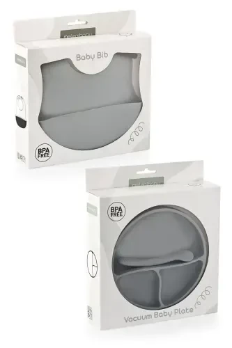 Набор для кормления из 3 предметов силикона - силиконовый слюнявчик, тарелка на присоске, ложка с прорезывателем, серый - 8