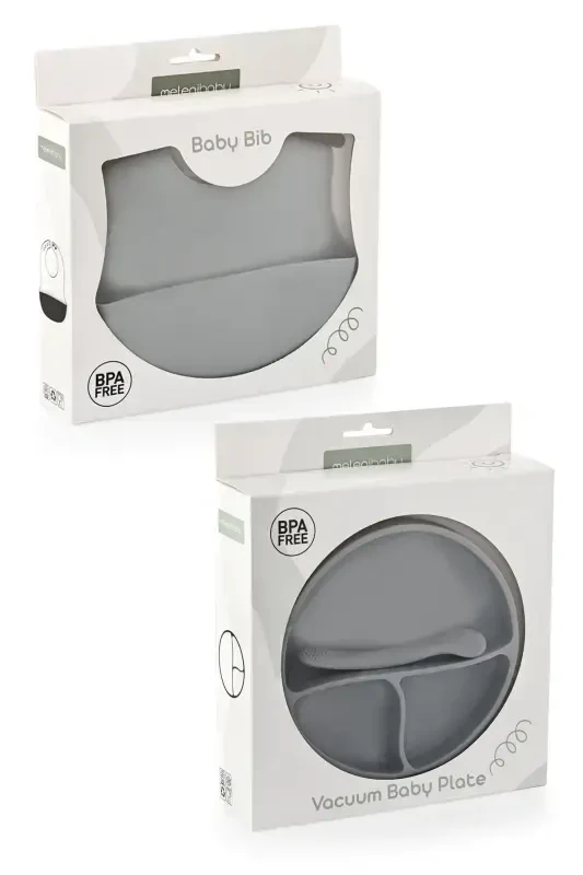 Набор для кормления из 3 предметов силикона - силиконовый слюнявчик, тарелка на присоске, ложка с прорезывателем, серый - 8