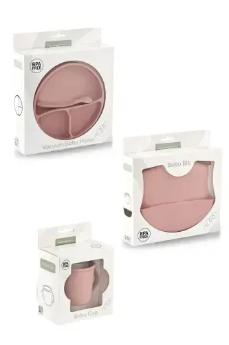 Набор для кормления из 4 предметов силиконовый - слюнявчик, ложка, чашка с ручками, тарелка на присоске, розовый - 8