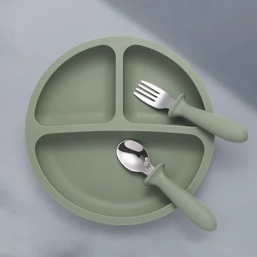 Набор для кормления младенцев Eascrozn, 2 упаковки силиконовых разделенных тарелок с присосками для младенцев, 2 упаковки наборов ложек и вилок, без BPA, принадлежности для самостоятельного отлучения от груди для малышей - MODAZONE (1)