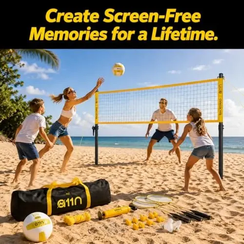 Набор для волейбола и бадминтона A11N для улицы - Включает в себя регулируемую по высоте антипровисающую сетку, волейбольный мяч, воздушный насос, 4 ракетки для бадминтона, 2 воланчика, маркер границы и сумку для переноски - 3
