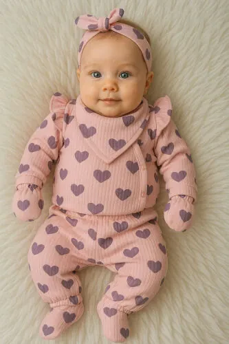 Набор для выписки из роддома для новорожденной девочки с розово-бирюзовым узором в виде сердца, 5 предметов - LINDA HARRIS