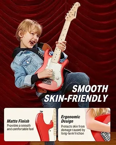Набор электрогитары Donner 30 дюймов для детей ST Style Mini Electric Guitar для мальчиков и девочек с усилителем, сумкой 600D, тюнером, медиаторами, кабелем, ремнем, дополнительными струнами, DSJ-100, красный - 2