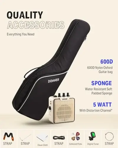 Набор электрогитары Donner 30 дюймов для детей ST Style Mini Electric Guitar для мальчиков и девочек с усилителем, сумкой 600D, тюнером, медиаторами, кабелем, ремнем, дополнительными струнами, DSJ-100, красный - 3