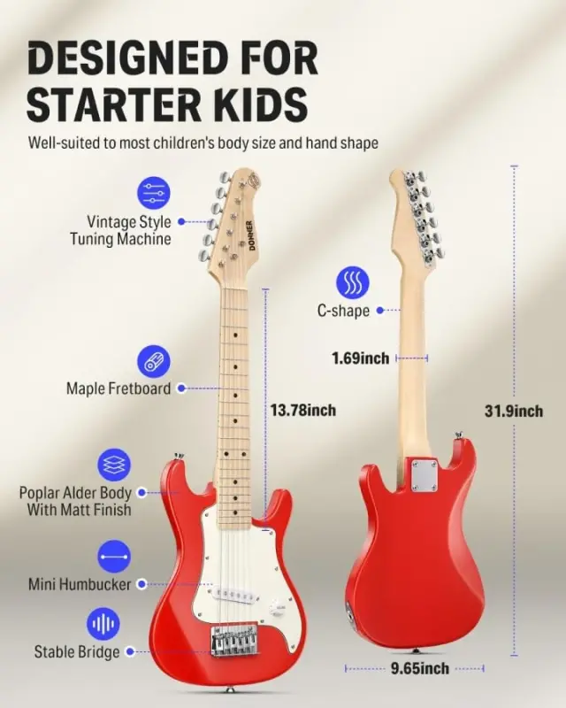 Набор электрогитары Donner 30 дюймов для детей ST Style Mini Electric Guitar для мальчиков и девочек с усилителем, сумкой 600D, тюнером, медиаторами, кабелем, ремнем, дополнительными струнами, DSJ-100, красный - 4