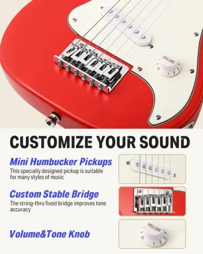 Набор электрогитары Donner 30 дюймов для детей ST Style Mini Electric Guitar для мальчиков и девочек с усилителем, сумкой 600D, тюнером, медиаторами, кабелем, ремнем, дополнительными струнами, DSJ-100, красный - 5