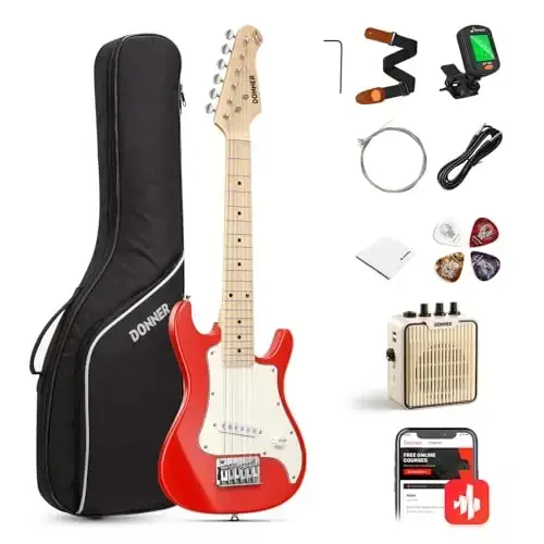 Набор электрогитары Donner 30 дюймов для детей ST Style Mini Electric Guitar для мальчиков и девочек с усилителем, сумкой 600D, тюнером, медиаторами, кабелем, ремнем, дополнительными струнами, DSJ-100, красный - DONNER