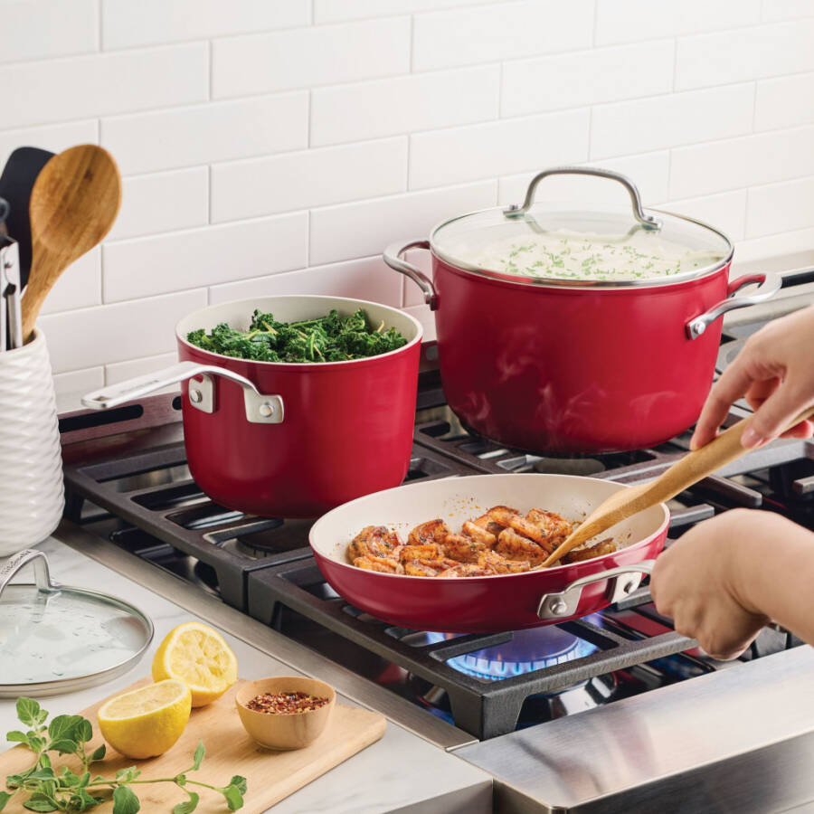 Набор из 10 предметов посуды KitchenAid из литого алюминия с керамическим антипригарным покрытием, Императорский красный - 5