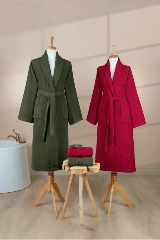 Набор из 4 полосатых халатов, 100% хлопок, сертифицированный семейный набор халатов для полотенец, набор для приданого, бордовый - зеленый - зеленый - бордовый - 8