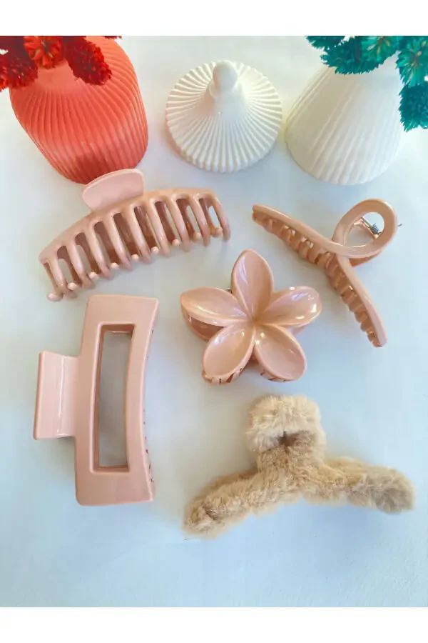Набор из 5 заколок для волос с пуговицей, с лотосом, бантом, прямоугольной формой, плюшевым материалом и зажимом - 1