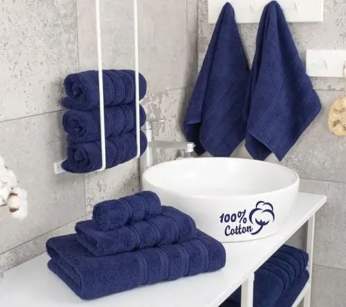 Набор из 6 роскошных полотенец American Soft Linen, 2 банных полотенца, 2 для рук, 2 салфетки, 600 GSM, 100% хлопок, турецкие полотенца для ванной, темно-синий - 3