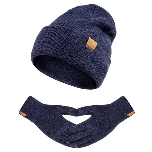 Набор из женской зимней шапки бини и сенсорных перчаток с флисовой подкладкой для женщин и мужчин - 1