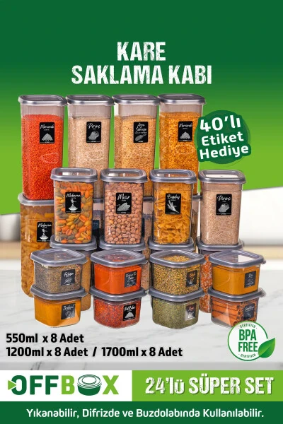 Набор контейнеров для хранения продуктов, бобовых и специй 24 штуки 48 секций 0,55-1,2-1,7 литра квадратные с 40 этикетками в подарок - OFFBOX