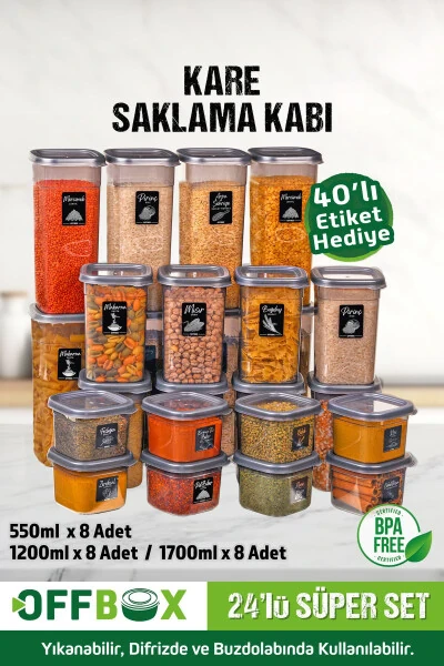 Набор контейнеров для хранения продуктов, бобовых и специй 24 штуки 48 секций 0,55-1,2-1,7 литра квадратные с 40 этикетками в подарок - OFFBOX (1)