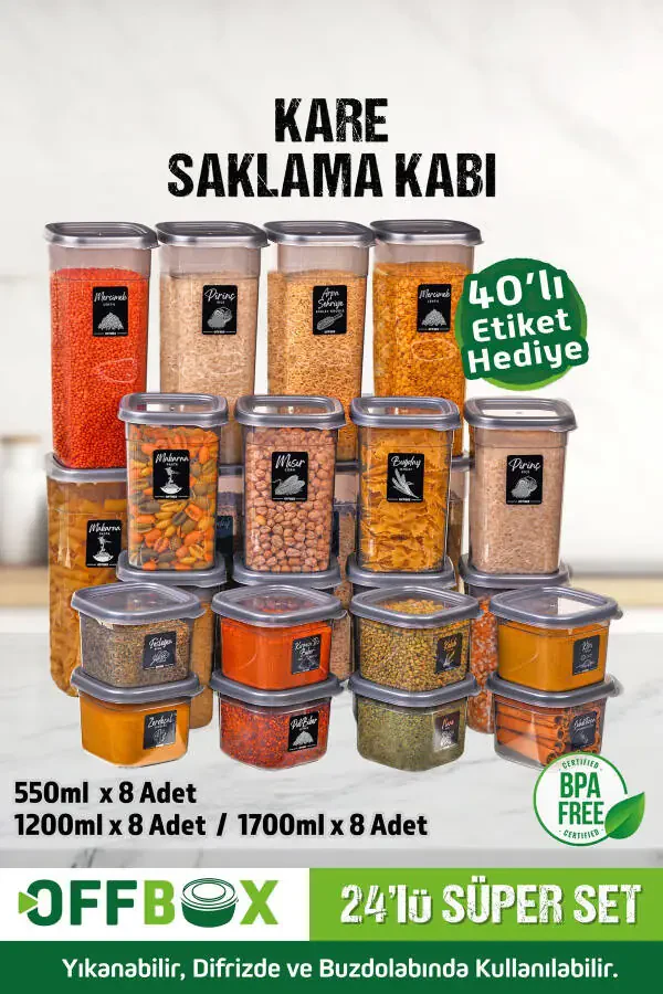 Набор контейнеров для хранения продуктов, бобовых и специй 24 штуки 48 секций 0,55-1,2-1,7 литра квадратные с 40 этикетками в подарок - 2