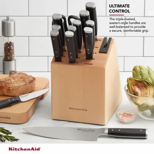 Набор кухонных ножей KitchenAid Gourmet из 14 предметов с тройной заклепкой, японской сталью, блоком и встроенной точилкой - Modazone (1)