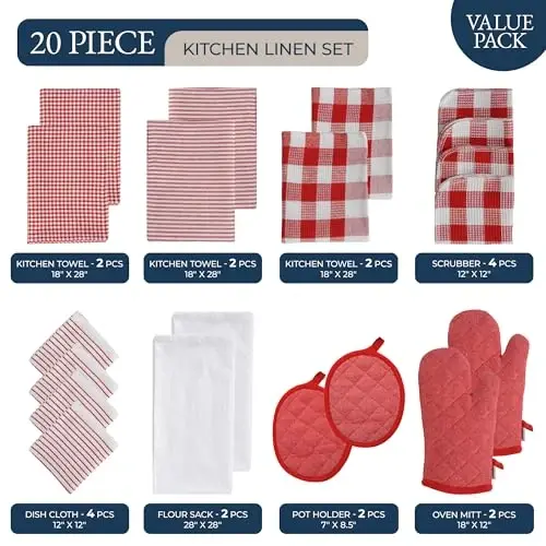 Набор кухонных полотенец LANE LINEN - 6 впитывающих полотенец для рук, 4 салфетки для посуды, 4 вафельные губки, 2 хлопковых полотенца, 2 прихватки и 2 рукавицы для духовки - красный - 2