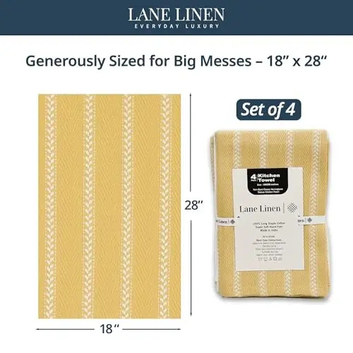 Набор кухонных полотенец LANE LINEN - Упаковка из 4 хлопковых кухонных полотенец для сушки посуды, 18”x 28”, впитывающие чайные полотенца, быстросохнущий набор кухонных полотенец - Лимонно-желтый - 2