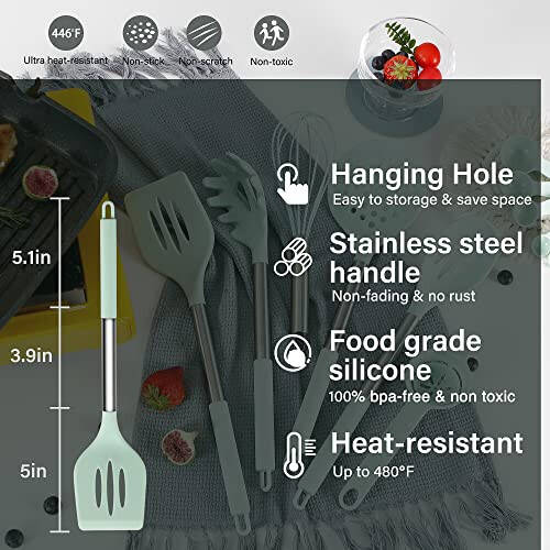 Набор кухонных принадлежностей из силикона QMVESS, 28 предметов, набор антипригарных кухонных принадлежностей с держателем, щипцами, шпателем, венчиком, мерными стаканами и ложками с ручками из нержавеющей стали, кухонные гаджеты (светло-зеленый) - 5
