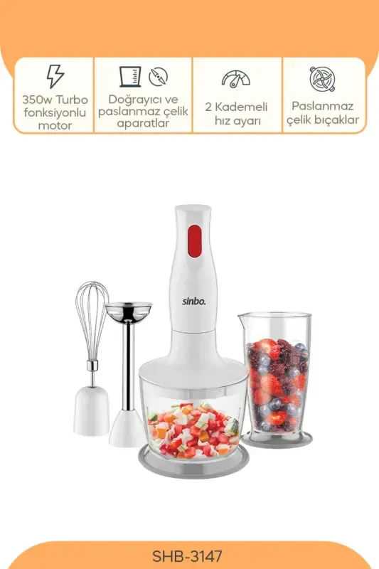 Набор погружного блендера SHB-3147 с 3 функциями - белый / 400 Вт - SINBO