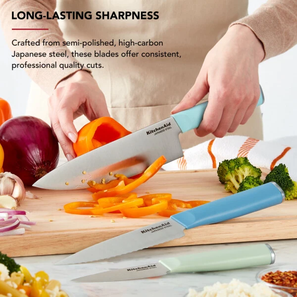 Набор поварских ножей KitchenAid Classic из 3 предметов из нержавеющей стали, синий бархат, фисташковый, минеральная вода - 3