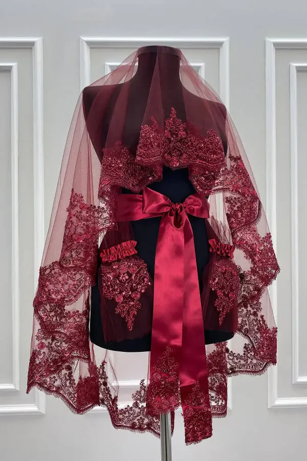 Набор свадебных фат с кружевом, фата для лица, фата для бракосочетания, пояс, перчатки - 1