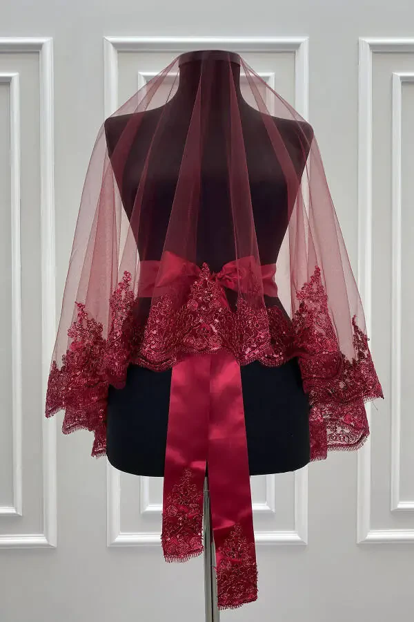 Набор свадебных фат с кружевом, фата для лица, фата для бракосочетания, пояс, перчатки - 2