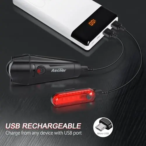 Набор велосипедных фонарей Ascher Ultra Bright с USB-зарядкой, мощный передний фонарь и задний фонарь, 4 режима освещения, простая установка для мужчин, женщин, детей, дорожного и горного велосипеда, черный - MODAZONE
