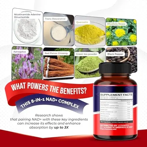 NAD+ 350mg с транс-ресвератролом, кверцетином и родиолой – Клеточное питание, здоровое старение и здоровье сердца – 150 капсул – Без ГМО, Сделано в США - 2
