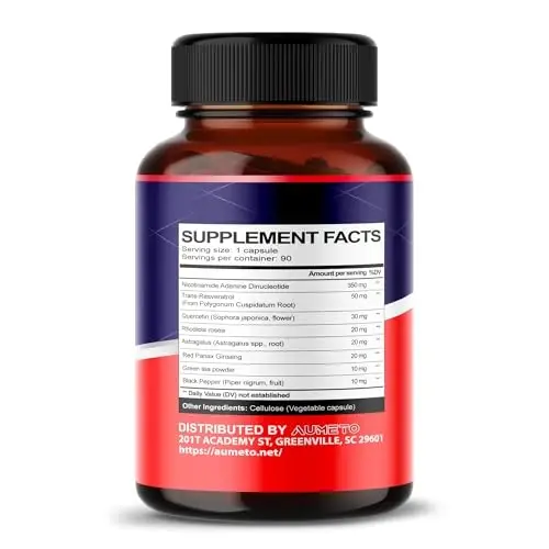 NAD+ 350mg Trans-Resveratrol, Quercetin & Rhodiola bilan – Hujayra energiyasi, Sogʻlom qarish va Yurak salomatligi – 150 kapsula – GMOsiz, AQShda ishlab chiqarilgan - 2
