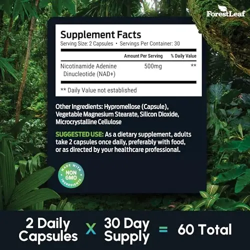 NAD+ qoʻshimchasi - Energiya, diqqat, teri va qarishga qarshi yordam uchun 500 mg toza NAD Plus - Gluten Free Non-GMO NAD Ayollar va erkaklar uchun qo'shimchalar (60 dona (1 paket)) - 4