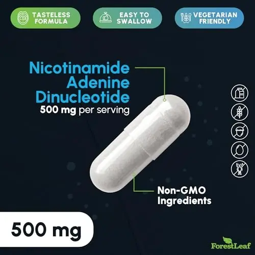 NAD+ qoʻshimchasi - Energiya, diqqat, teri va qarishga qarshi yordam uchun 500 mg toza NAD Plus - Gluten Free Non-GMO NAD Ayollar va erkaklar uchun qo'shimchalar (60 dona (1 paket)) - 6