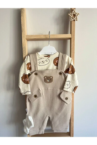 Nafitto Ayıcık İşlemeli Erkek Bebek Waffle Bej Sal - LINIKIDS