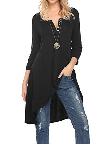 Naggoo Women's 3/4 Sleeve Button V Neck High Low Loose Fit Casual Long Tunic Tops Tee Shirts S-3XL - 2