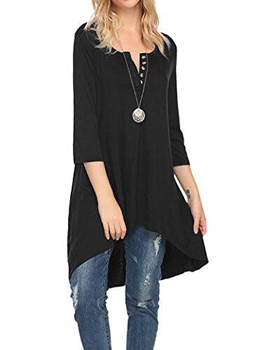 Naggoo Women's 3/4 Sleeve Button V Neck High Low Loose Fit Casual Long Tunic Tops Tee Shirts S-3XL - 3