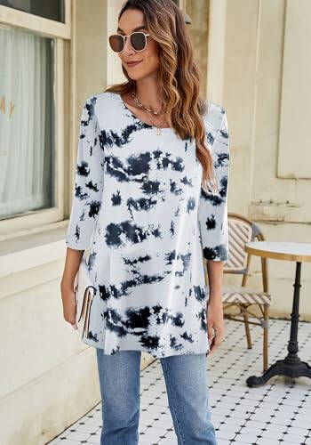 Naggoo Women's 3/4 Sleeve Crew Neck Swing Flare Loose Fit Casual Tunic Tops Tee Shirts M-3XL - 9