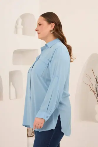 Nakış Detaylı Yanları Yırtmaçlı Büyük Beden Gömlek Bebe Mavi - BÜYÜKBEDENIZ (1)