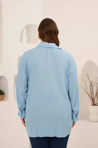 Nakış Detaylı Yanları Yırtmaçlı Büyük Beden Gömlek Bebe Mavi - 4