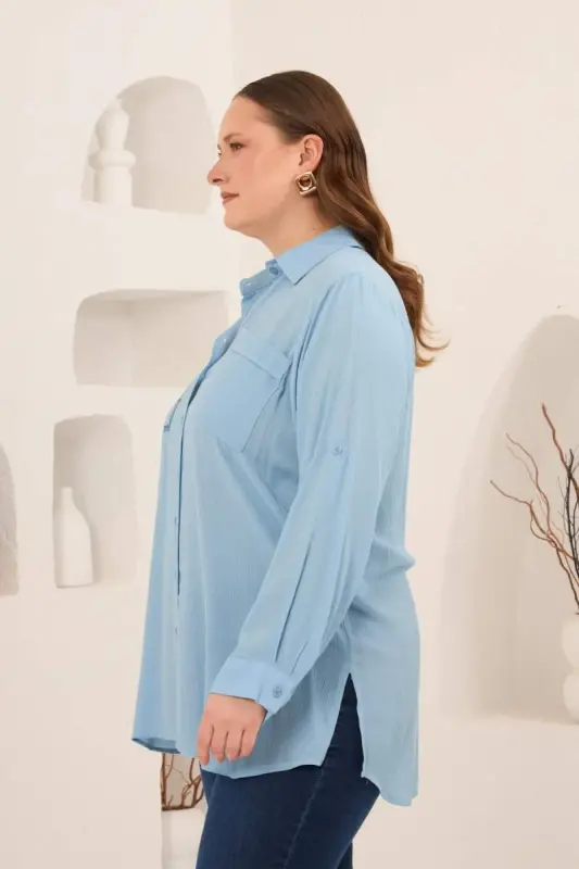 Nakış Detaylı Yanları Yırtmaçlı Büyük Beden Gömlek Bebe Mavi - 2