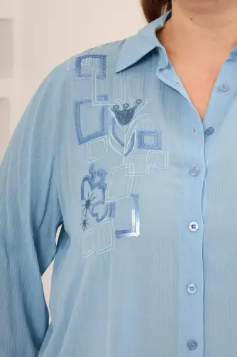 Nakış Detaylı Yanları Yırtmaçlı Büyük Beden Gömlek Bebe Mavi - 3