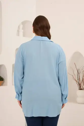 Nakış Detaylı Yanları Yırtmaçlı Büyük Beden Gömlek Bebe Mavi - 4