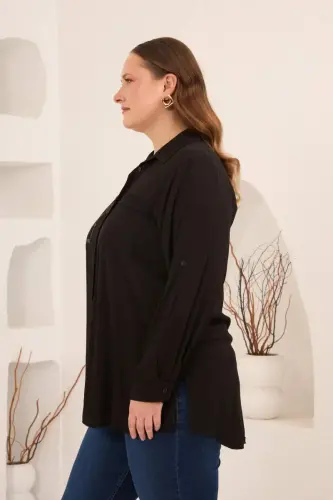 Nakış Detaylı Yanları Yırtmaçlı Büyük Beden Gömlek Siyah - 2