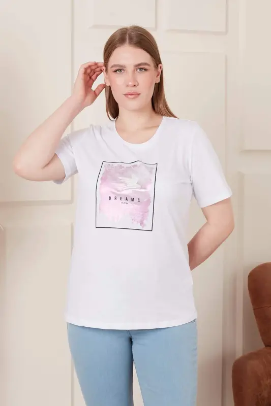 Nakış İşlemeli Baskılı Büyük Beden Beyaz Tişört - 1