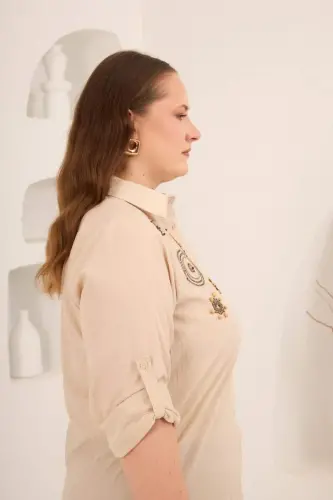 Nakış ve İşleme Detaylı Büyük Beden Gömlek Taş - BÜYÜKBEDENIZ (1)