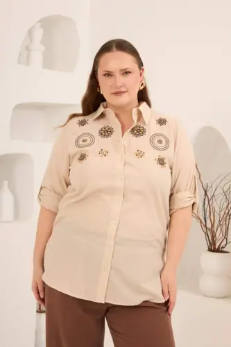 Nakış ve İşleme Detaylı Büyük Beden Gömlek Taş - 1