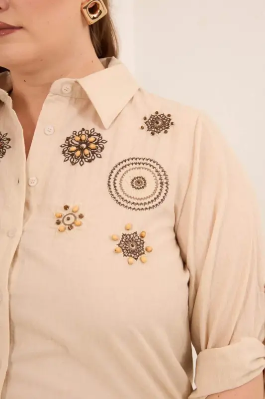 Nakış ve İşleme Detaylı Büyük Beden Gömlek Taş - 3