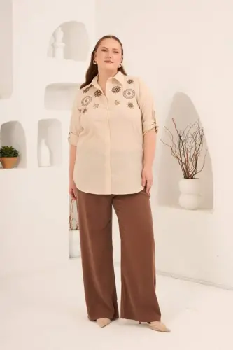 Nakış ve İşleme Detaylı Büyük Beden Gömlek Taş - 5